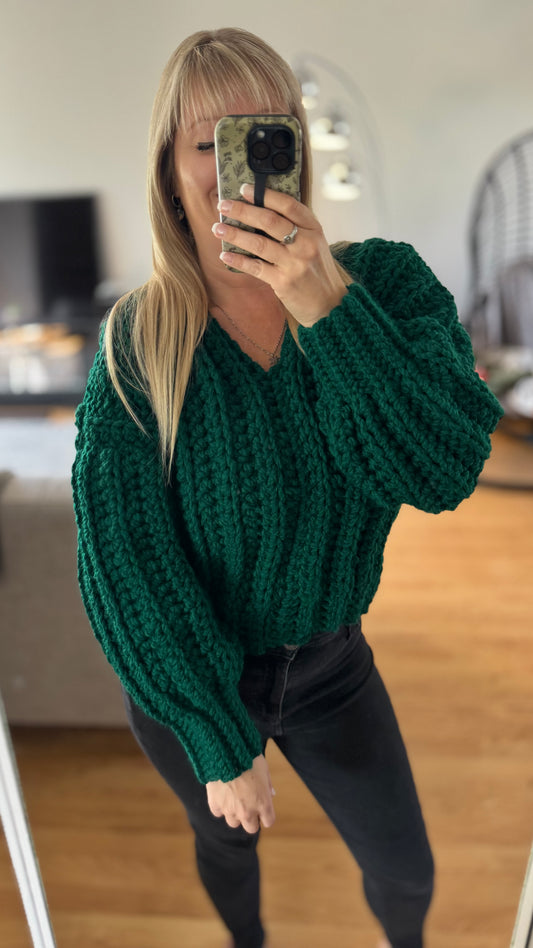 Cardigan / Chandail chunky fait à la main - Vert Émeraude - Prêt à partir