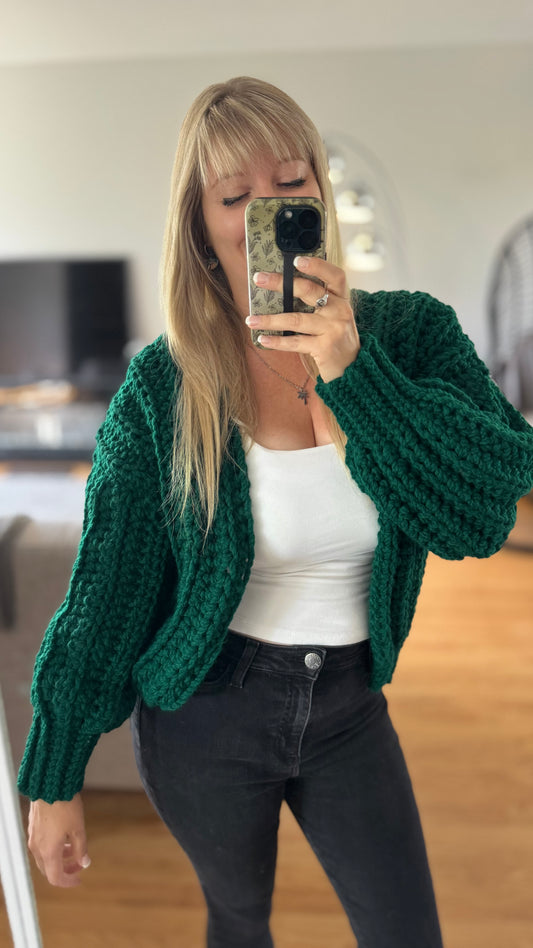 Cardigan / Chandail chunky fait à la main - Vert Émeraude - Prêt à partir