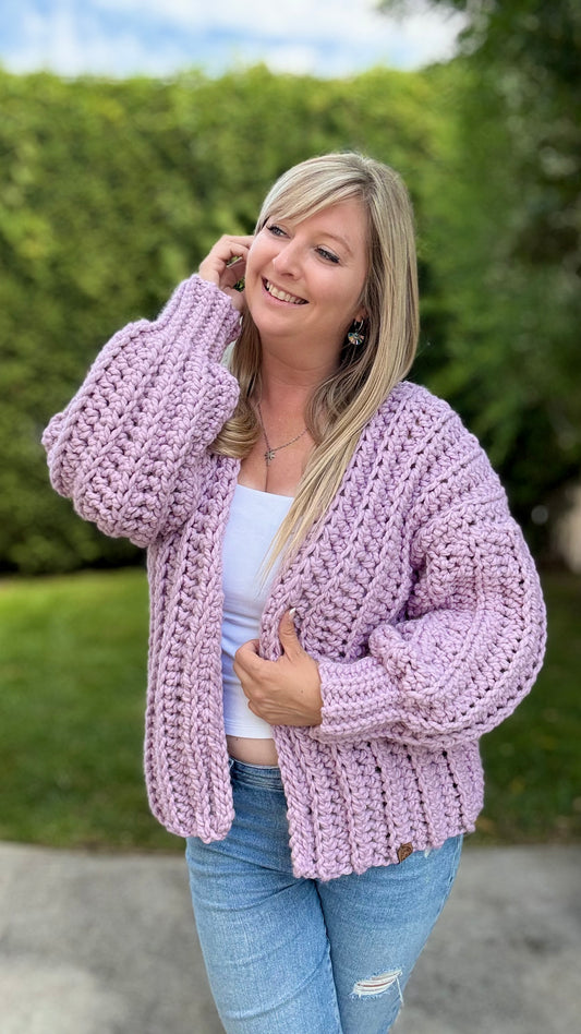 Cardigan chunky fait à la main - Rose mauve - Prêt à partir